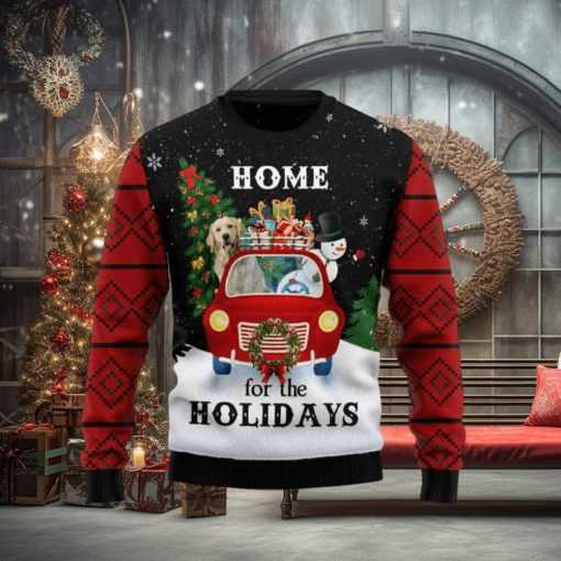Golden Retriever And Snowman Home For The Holidays Ugly Christmas Sweater
