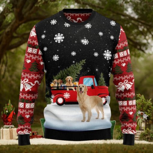 Golden Retriever Red Truck Ugly Christmas Sweater