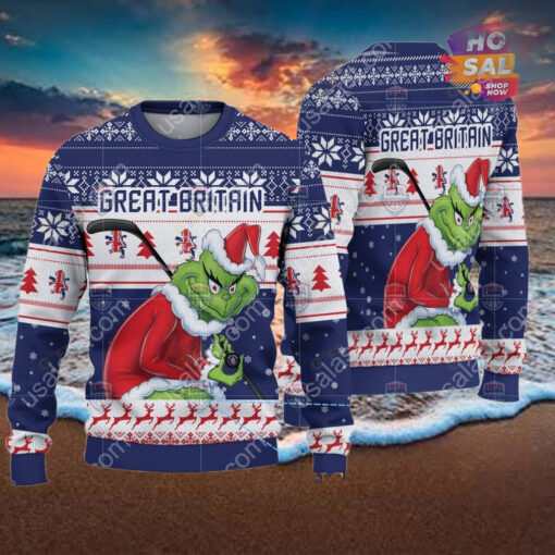 Great Britain Ice Hockey Team Grinch Hockey Stick Ugly Christmas Sweater