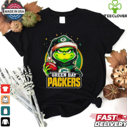 Green Bay Packers Grinch wearing Santa hat Christmas 2024 shirt