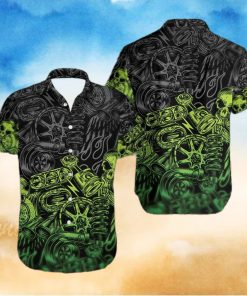 Green Motorbike Skull Mechanical Hawaiian Aloha Shirts Dh