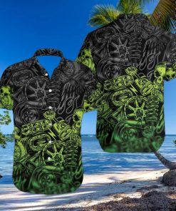 Green Motorbike Skull Mechanical Hawaiian Aloha Shirts Dh