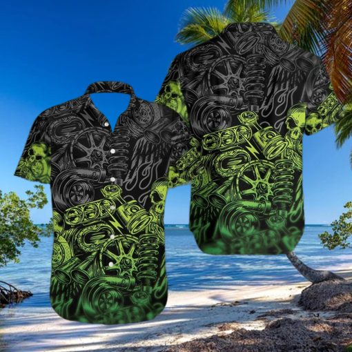 Green Motorbike Skull Mechanical Hawaiian Aloha Shirts Dh