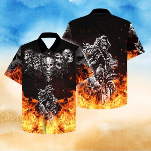 Grim Reaper Riding Motorcycles Flame Skull Hawaiian Aloha Shirts