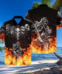 Grim Reaper Riding Motorcycles Flame Skull Hawaiian Aloha Shirts