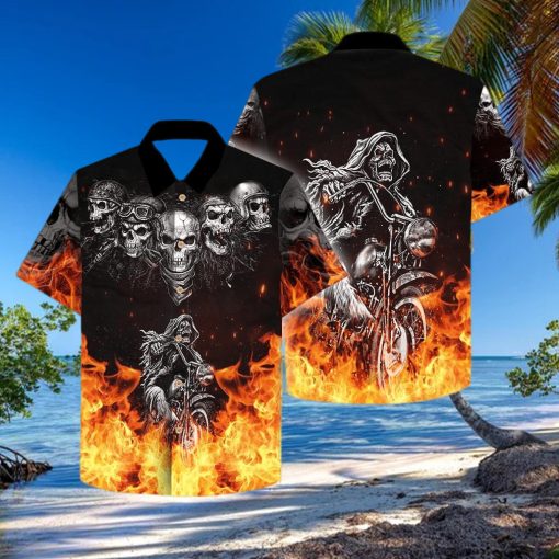 Grim Reaper Riding Motorcycles Flame Skull Hawaiian Aloha Shirts