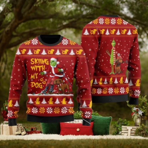 Grinch And Dachshund Skiing With My Dog For Dachshund Lovers Ugly Sweater 3D At Christmas