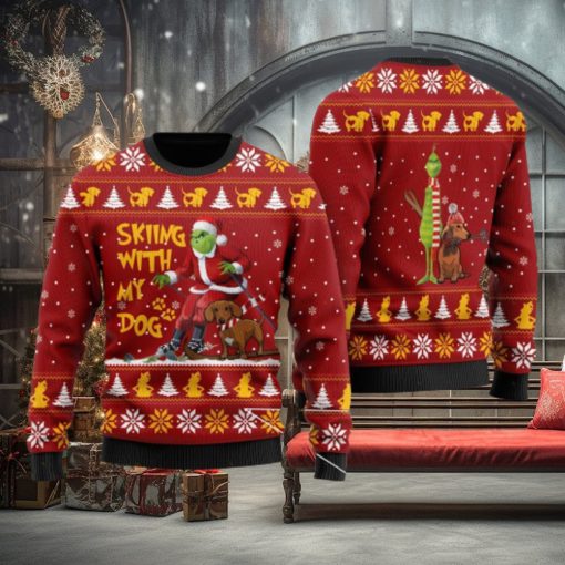 Grinch And Dachshund Skiing With My Dog For Dachshund Lovers Ugly Sweater 3D At Christmas