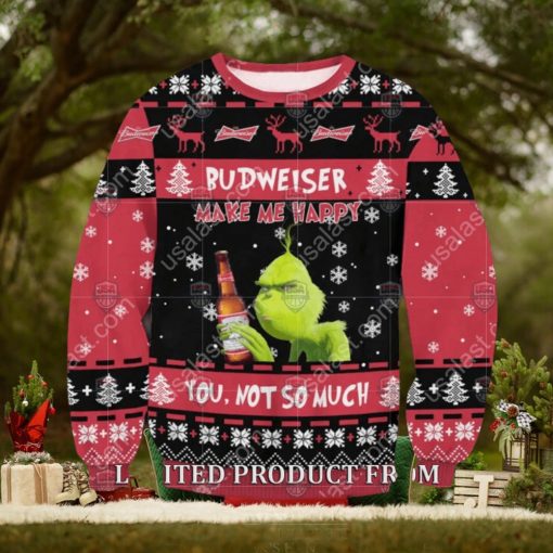 Grinch Budweiser Makes Me Happy You Not So Much Reindeer Ugly Christmas Sweater