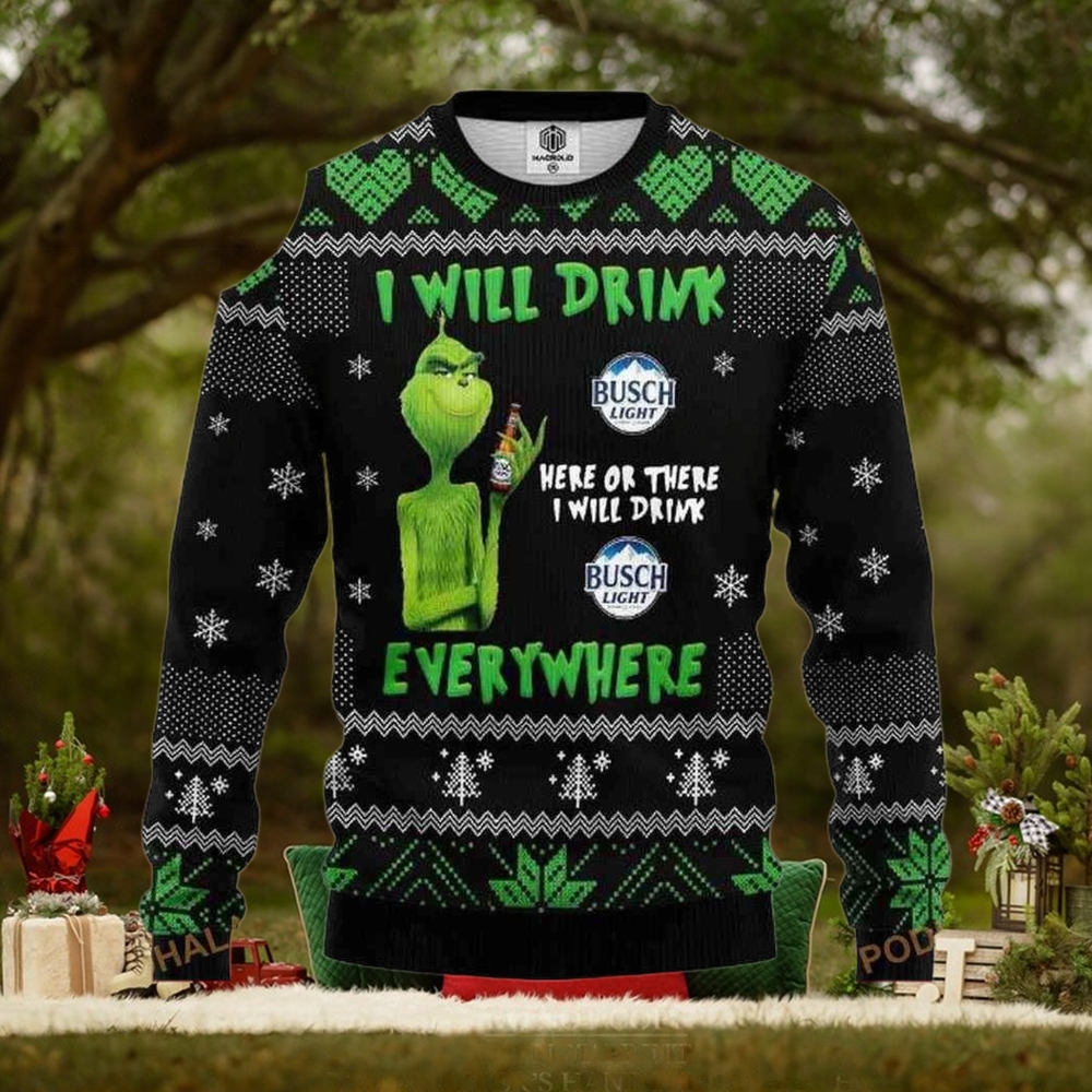 Grinch Busch Light I Will Drink Everywhere 3D Printed Ugly Christmas Sweater Grinch Busch Light I Will Drink Everywhere 3D Printed Ugly Christmas Sweater