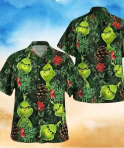 Grinch Button Up Shirt All Over Print Santa Claus Tropical Grinch Hawaiian Shirt And Shorts Summer Vacation Christmas Movie Set Gift For Men Merry Grinchmas