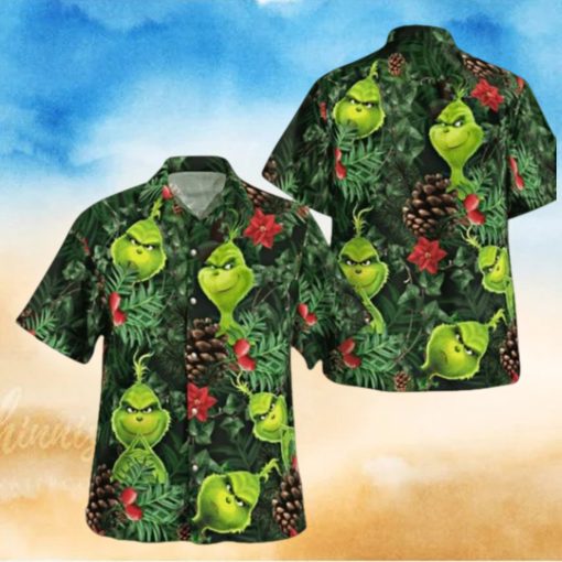 Grinch Button Up Shirt All Over Print Santa Claus Tropical Grinch Hawaiian Shirt And Shorts Summer Vacation Christmas Movie Set Gift For Men Merry Grinchmas