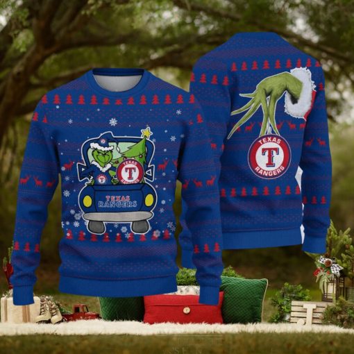 Grinch Driving With Pine Trees Texas Rangers New Ugly Christmas Sweater