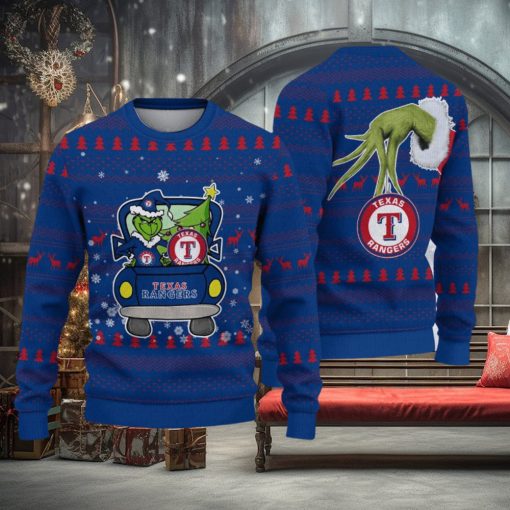 Grinch Driving With Pine Trees Texas Rangers New Ugly Christmas Sweater