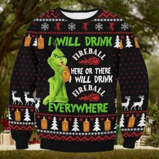 Grinch Fireball Whisky I Will Drink Here Or There Funny Xmas Sweaters