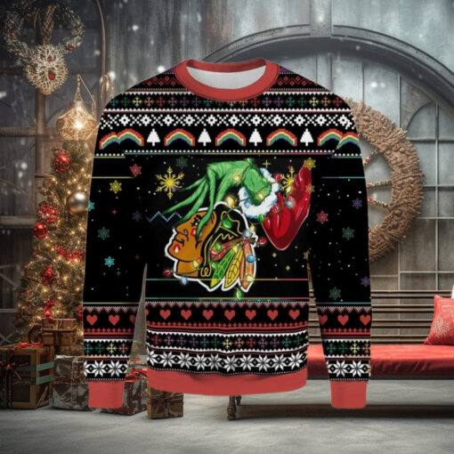 Grinch Gift Chicago Blackhawks Knitting Pattern 3D Print Ugly Sweater