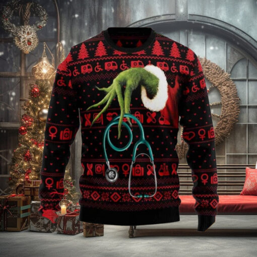 Grinch Hand For Nurse Wool Holiday Sweater
