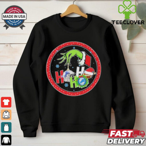 Grinch Hand Holding Ornament Detroit Lions Ho Ho Ho Christmas Shirt