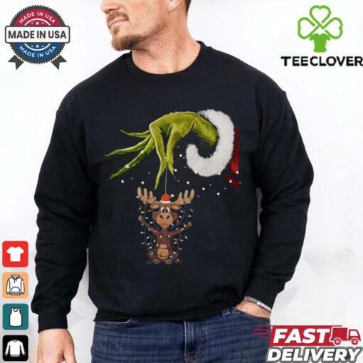 Grinch Hand Moose Christmas Lights 2024 Shirt