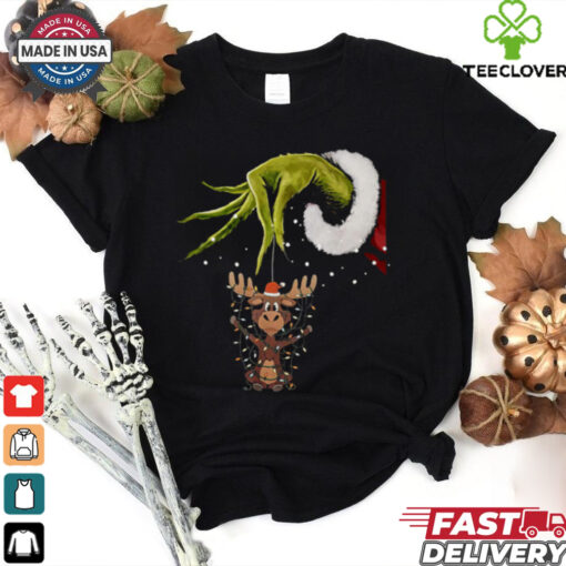 Grinch Hand Moose Christmas Lights 2024 Shirt
