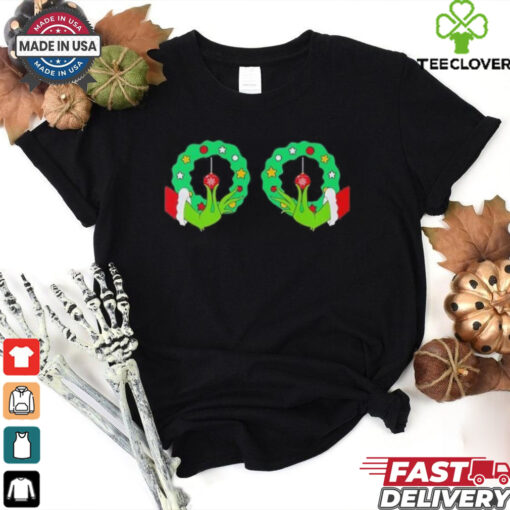 Grinch Hand Wreath Boobies Merry Christmas shirt