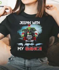 Grinch Hat Santa Car Jeepin’ With My Grinch Merry Christmas Shirt