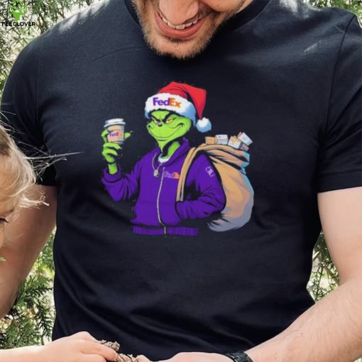 Grinch Hat Santa Hug Coffee FedEx Logo Christmas Shirt