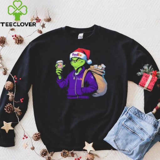 Grinch Hat Santa Hug Coffee FedEx Logo Christmas Shirt