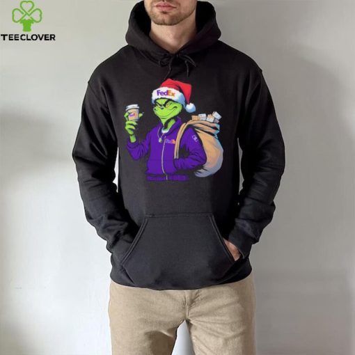 Grinch Hat Santa Hug Coffee FedEx Logo Christmas Shirt