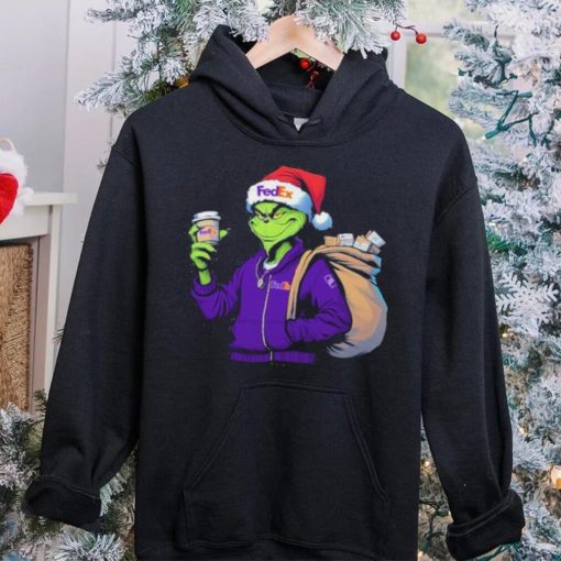 Grinch Hat Santa Hug Coffee FedEx Logo Christmas Shirt