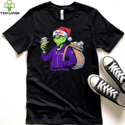 Grinch Hat Santa Hug Coffee FedEx Logo Christmas Shirt