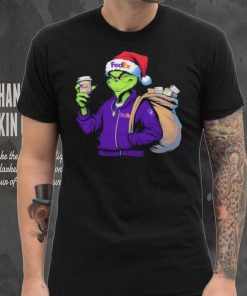 Grinch Hat Santa Hug Coffee FedEx Logo Christmas Shirt