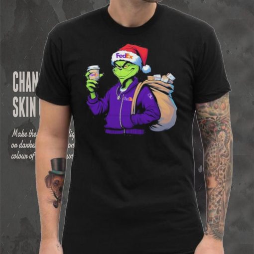 Grinch Hat Santa Hug Coffee FedEx Logo Christmas Shirt