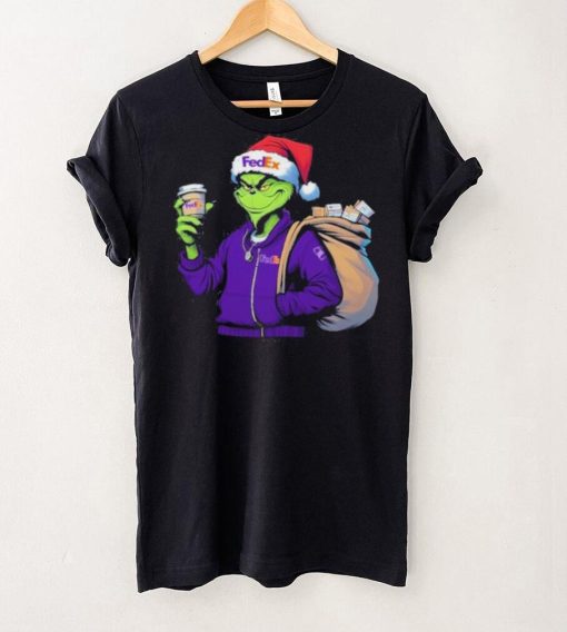 Grinch Hat Santa Hug Coffee FedEx Logo Christmas Shirt