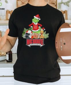 Grinch Hat Santa and Dog Rugby Helmet NC State Wolfpack Logo Merry Christmas Shirt