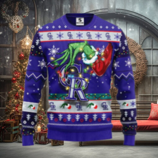 Grinch Holding Lights Colorado Rockies Ugly Christmas Sweater