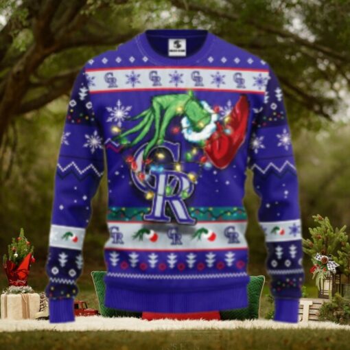 Grinch Holding Lights Colorado Rockies Ugly Christmas Sweater