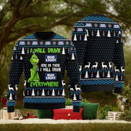 Grinch I Will Drink Bud Light Everywhere For Christmas Gifts Ugly Xmas Wool Knitted Sweater