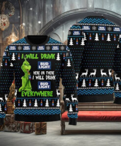 Grinch I Will Drink Bud Light Everywhere For Christmas Gifts Ugly Xmas Wool Knitted Sweater