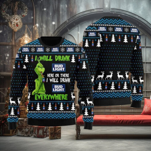 Grinch I Will Drink Bud Light Everywhere For Christmas Gifts Ugly Xmas Wool Knitted Sweater