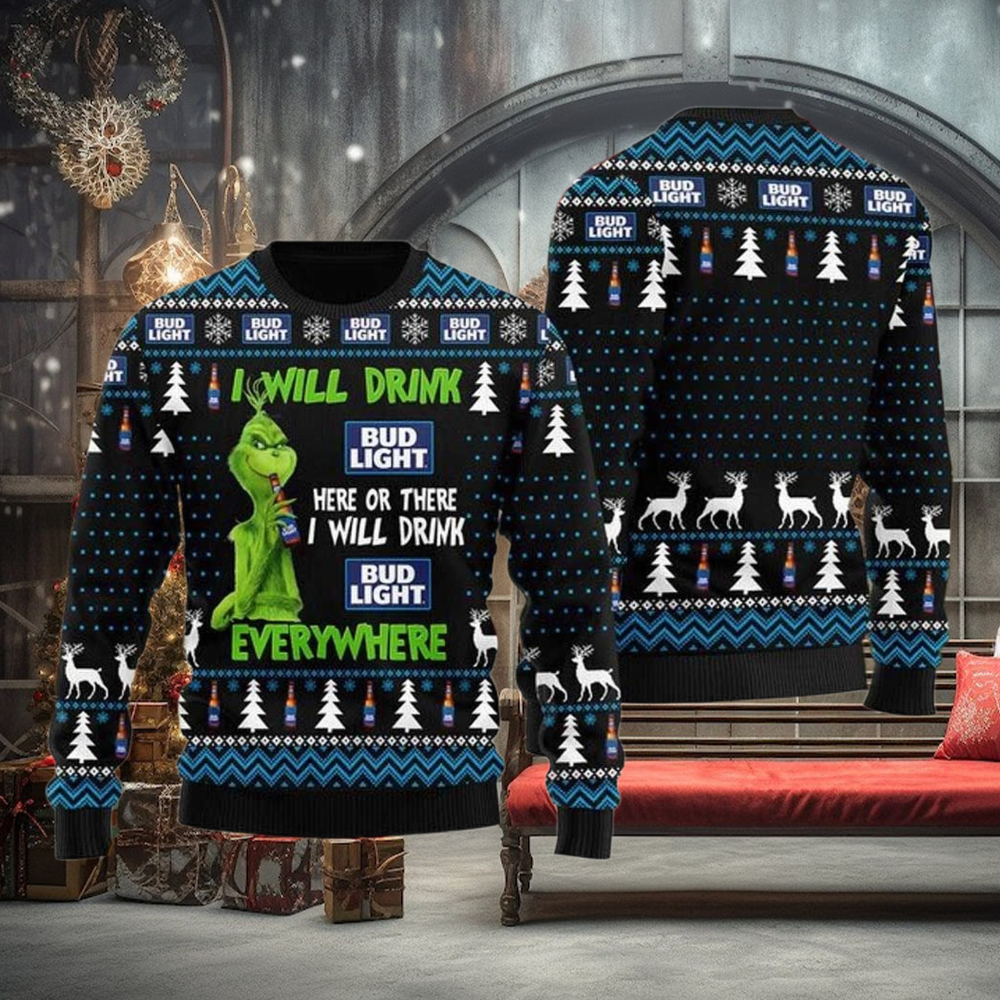 Grinch I Will Drink Bud Light Everywhere For Christmas Gifts Ugly Xmas Wool Knitted Sweater Grinch I Will Drink Bud Light Everywhere For Christmas Gifts Ugly Xmas Wool Knitted Sweater
