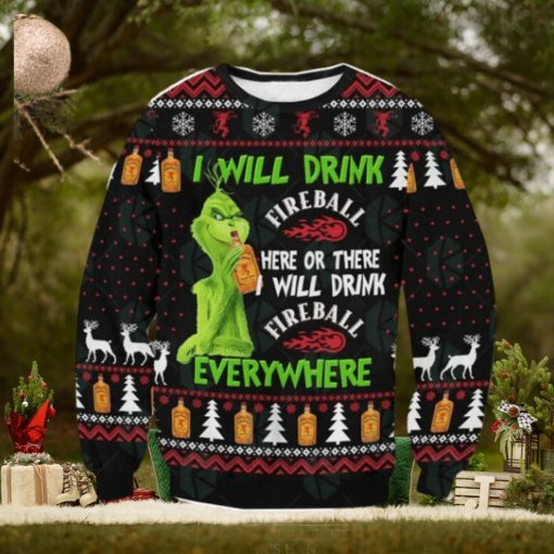 Grinch I Will Drink Fireball Everywhere Ugly Christmas Sweater