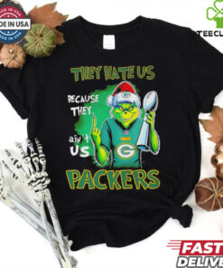 Grinch Packers Super Bowl Christmas They Hate Us Because They Ain't Us Shirt featuring a playful Grinch design and a bold statement celebrating the Green Bay Packers' Super Bowl pride.