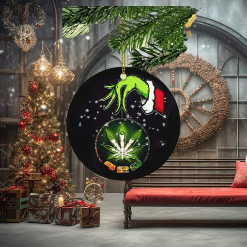 Grinch Santa Hand Holding Cannabis Marijuana Weed 420 Christmas Decorations Ornament