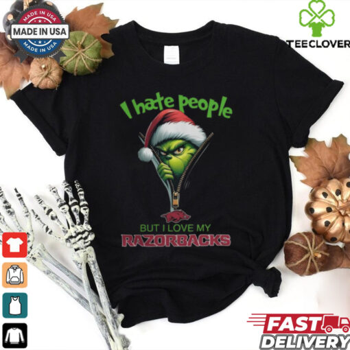 Grinch Santa Hat I Hate People But I Love My Arkansas Razorbacks Christmas Logo Shirt