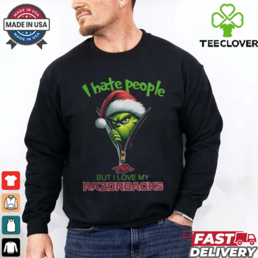 Grinch Santa Hat I Hate People But I Love My Arkansas Razorbacks Christmas Logo Shirt