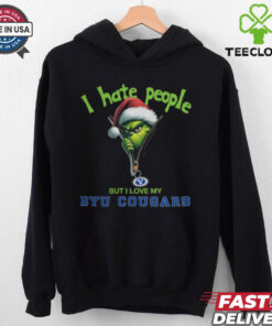 Grinch Santa Hat I Hate People But I Love My BYU Cougars Christmas Logo Shirt