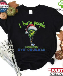 Grinch Santa Hat I Hate People But I Love My BYU Cougars Christmas Logo Shirt