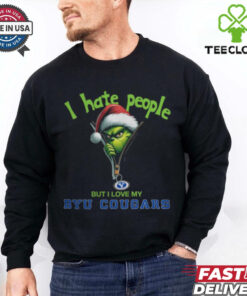 Grinch Santa Hat I Hate People But I Love My BYU Cougars Christmas Logo Shirt