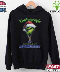 Grinch Santa Hat I Hate People But I Love My Boise State Broncos Christmas Logo Shirt